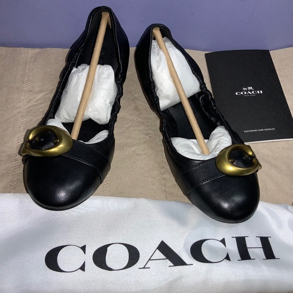 COACH Stanton Black Leather Ballet Flats Sz 5.5B dust bag booklet New - Picture 1 of 6